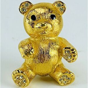 Lee Sands Teddy Bear Brooch Pin 1990s Vintage Rhinestone Paws 1.5 in Gold Tone